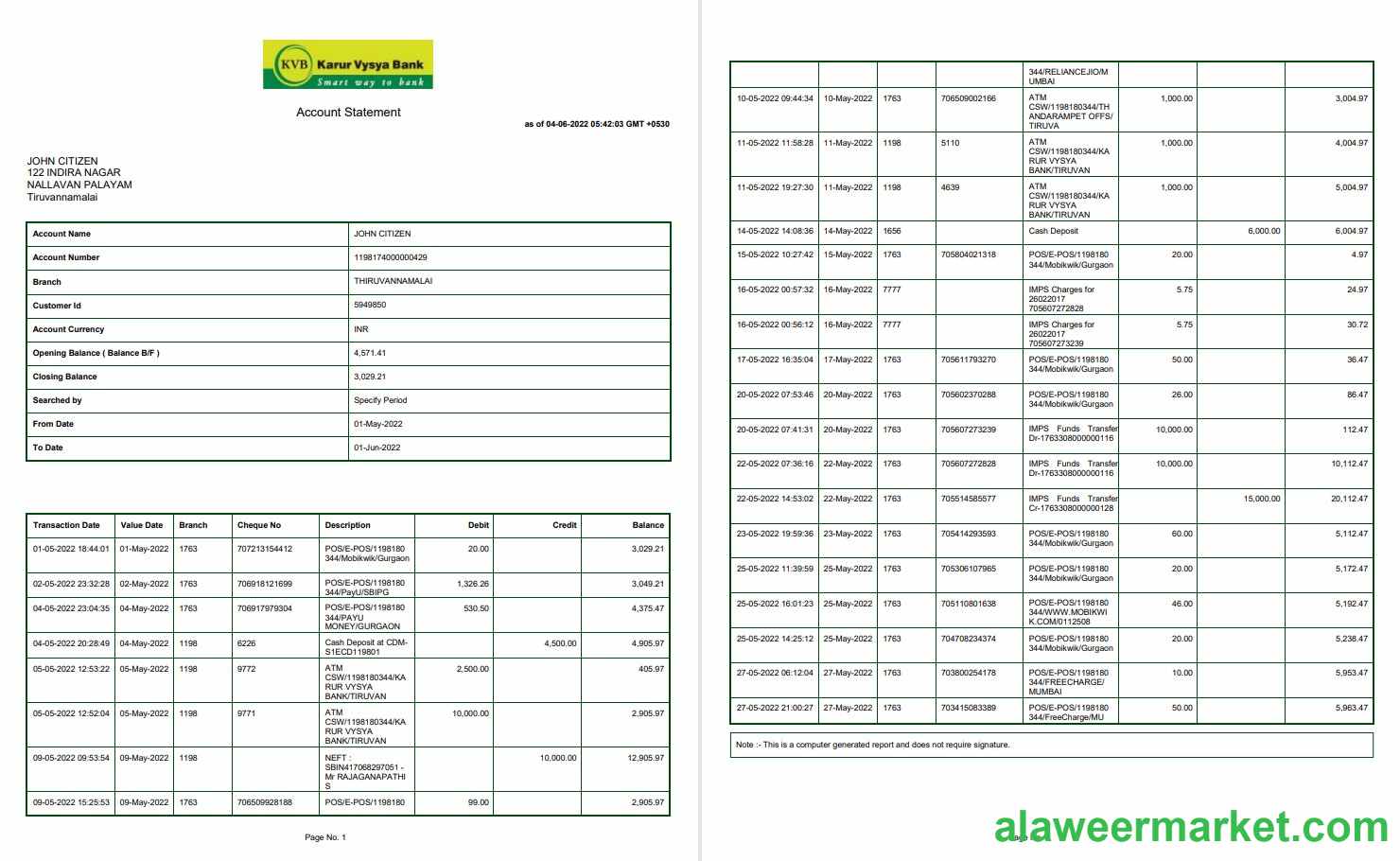 India KVB bank statement 2 pages